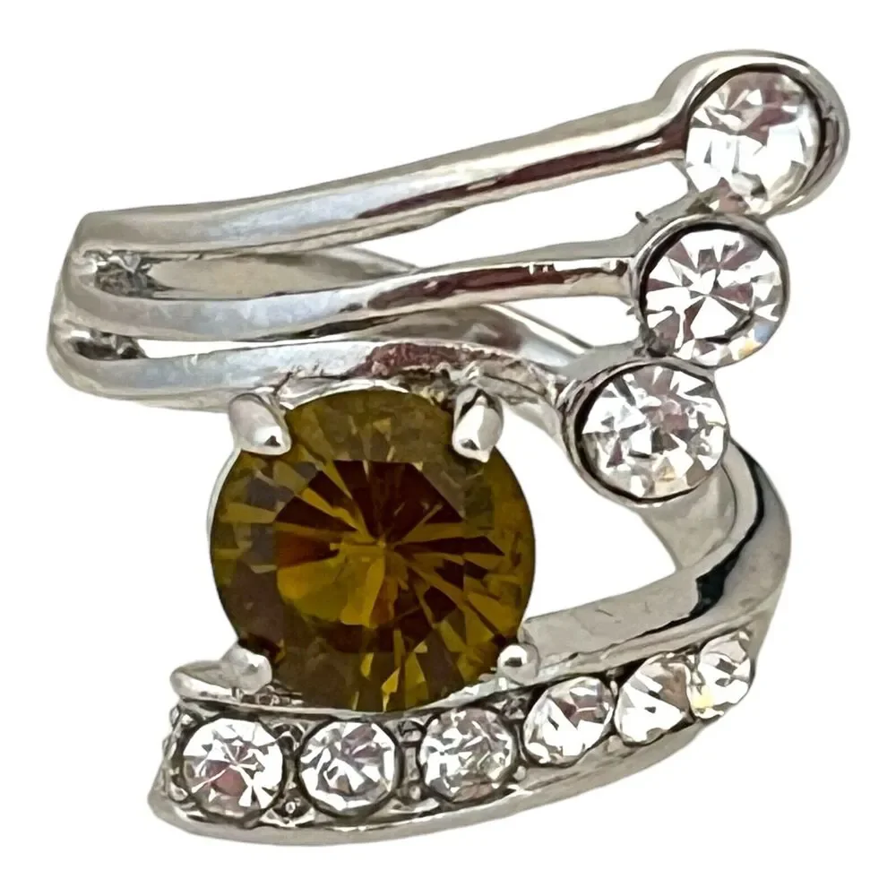 Vintage 1980s Peridot Color Rhinestone Spray Ring Silver Tone Size 8.75 - 5J
